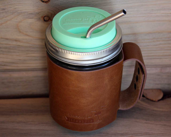 Faux Leather Sleeve with Handle / Travel Mug for Wide Mouth Pint Mason Jars